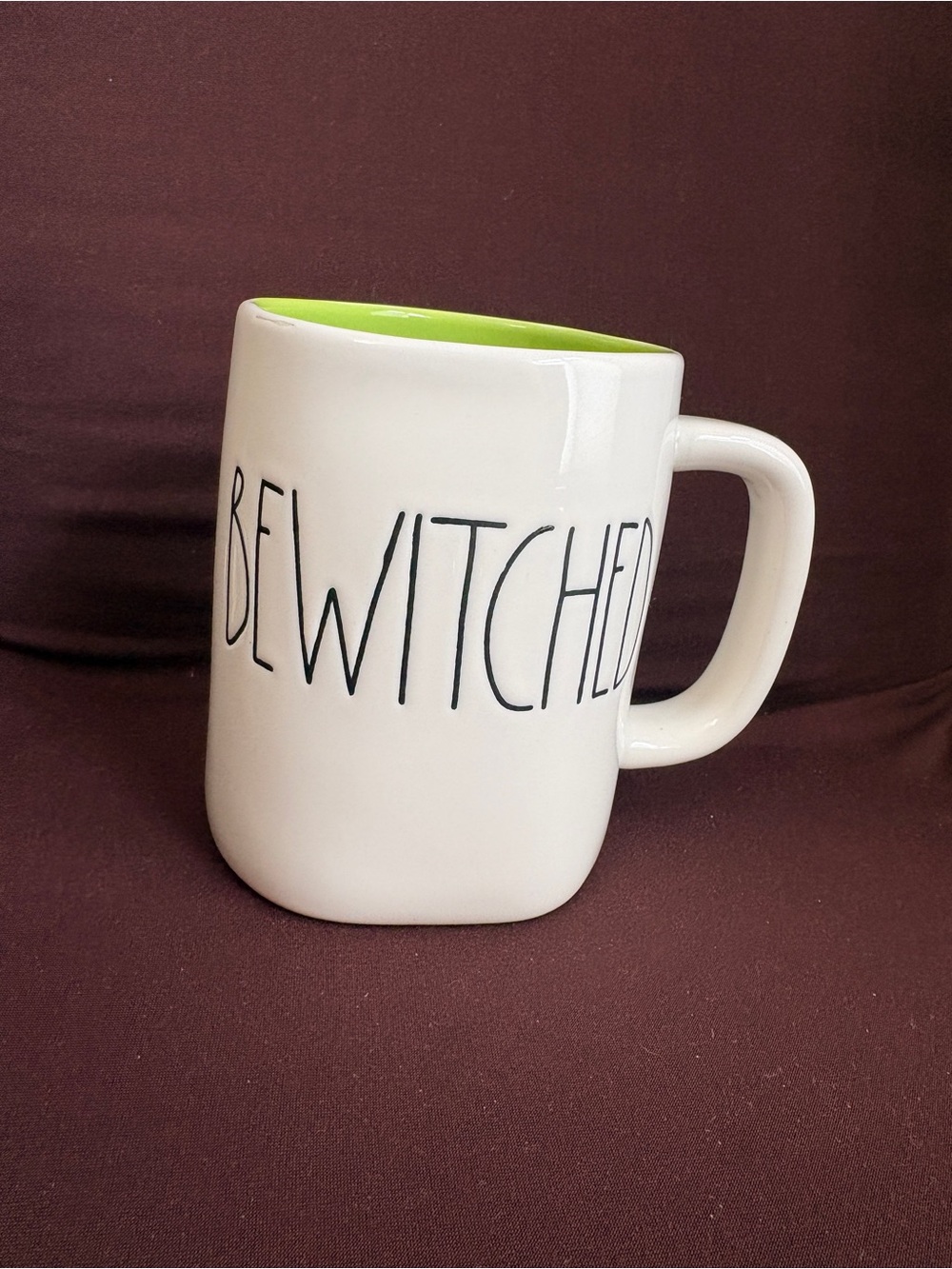 Rae Dunn Halloween White Ceramic 'BEWITCHED' Mug with Lime Interior